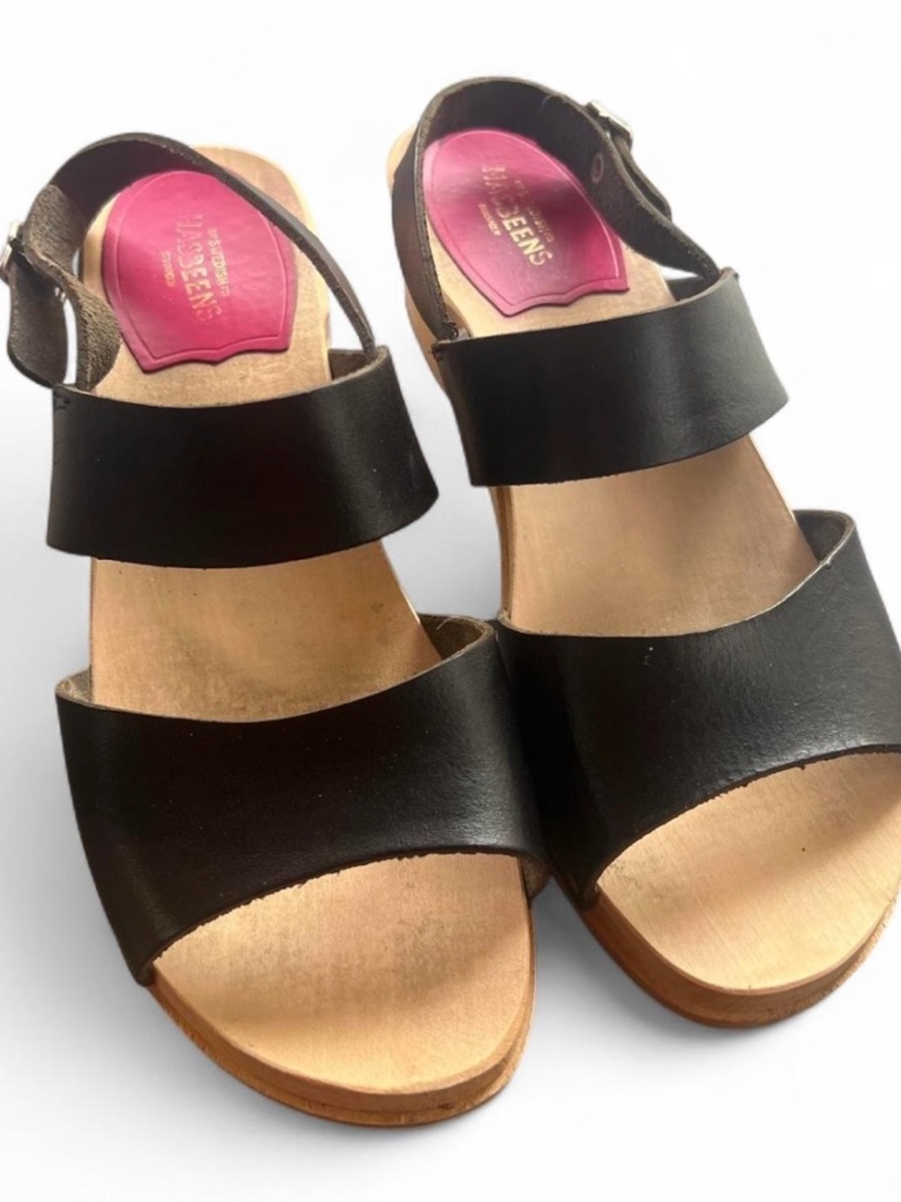 Swedish Hasbeens Black Leather Double-Strap Slingback Sandals